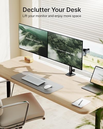 Image of monTEK Heavy-Duty Dual Monitor Stand for 17-32 inch, 22 lbs Each | Adjustable dual monitor mount, full-motion arms, clamp /grommet bases, cable management and VESA 75 /100