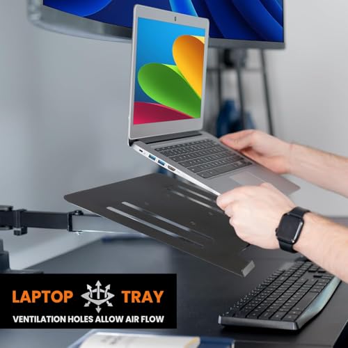 Image of Dyazo Dual Monitor Desk Mount with Laptop Tray | Fits 13-32 inch Monitors & 10-15.6 inch Laptops | Fully Adjustable Arms with Height Adjustment & 360 Rotation | Dual Mount with C-Clamp /Grommet Base (Black)