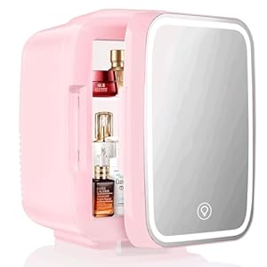 YASHE Mini Fridge for Bedroom, Skincare Fridge with LED Light Mirror, 4L Small Fridge Portable,220V AC/ 12V DC Thermoelectric Warmer & Cooler for Car Office Dorm (Pink)