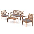 Tangkula 4 Piece Patio Wood Furniture Set, Acacia Wood Sofa Set w/Loveseat, 2 Chairs & Coffee Table, Soft Seat Cushions, Outdoor Wood Furniture Set for Porch, Yard, Balcony (Gray)
