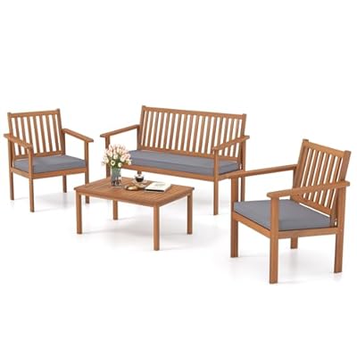 Tangkula 4 Piece Patio Wood Furniture Set, Acacia Wood Sofa Set w/Loveseat, 2 Chairs & Coffee Table, Soft Seat Cushions, Outdoor Wood Furniture Set for Porch, Yard, Balcony (Gray)