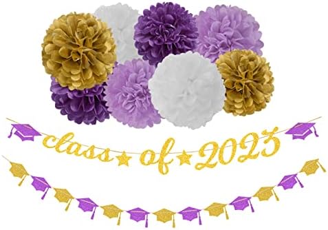Purple White-Gold Party-Decorations Graduation Banner - 8pcs Kits Class of 2023 Cap Garland Streamers, Paper Tissue Pom Poms Flowers, Congratulations Grad Decor Lasting Surprise