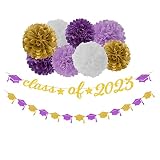 Purple White-Gold Party-Decorations Graduation Banner - 8pcs Kits Class of 2023 Cap Garland Streamer