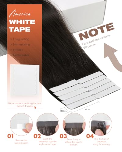 Sunny Hair Tape in Hair Extensions Real Human Hair Invisible Remy Hair Extensions Tape ins for Women Darkest Brown 18 inch 20Pcs 50G - Thumbnail 3