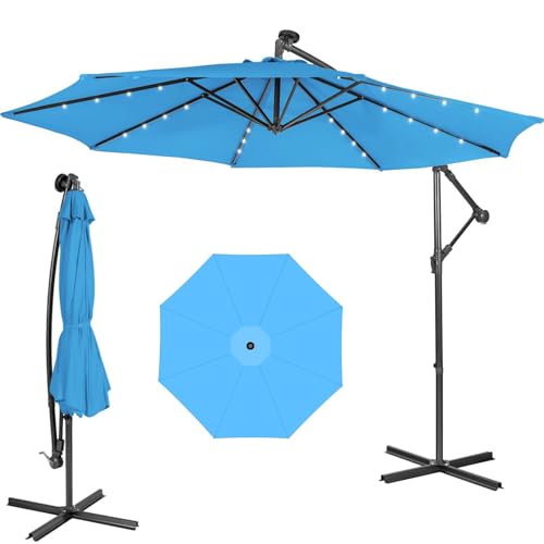 TANGZON 10 FT/3M Outdoor Cantilever Umbrella with 32 LED Lights, Garden Parasol with 8 Sturdy Ribs, Easy Tilt Mechanism, Steel Base, Patio Market Offset Umbrella for Backyard Pool Lawn (Blue)