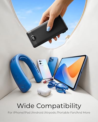 Image of VEGER Portable Charger with Built-in AC Plug and Cables, All in One 10000mAh Ultra Slim Power Bank Travel Essentials, USB C External Battery Pack Compatible with iPhone, Samsung, Android, Black