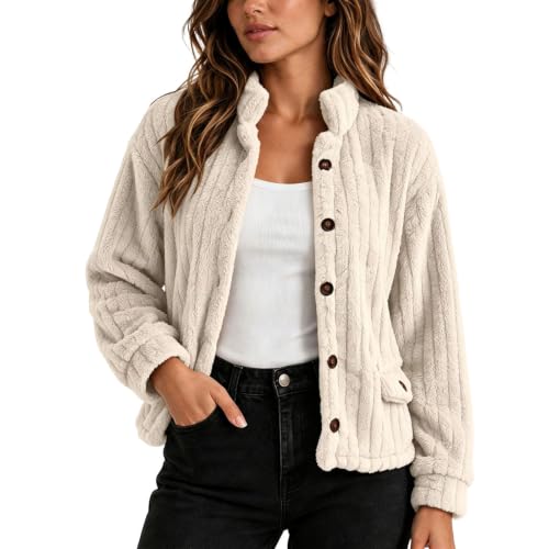 Sherpa Fleece Jacket Women Stand Collar Button Coat Travel Winter Daily Use - image 1
