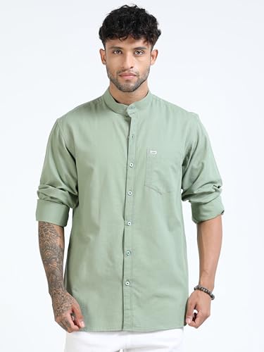 Image of Men's Cotton Linen Chinese Collar Full Sleeve Casual Shirt | Mandarin Collar Stylish Regular Fit Shirt