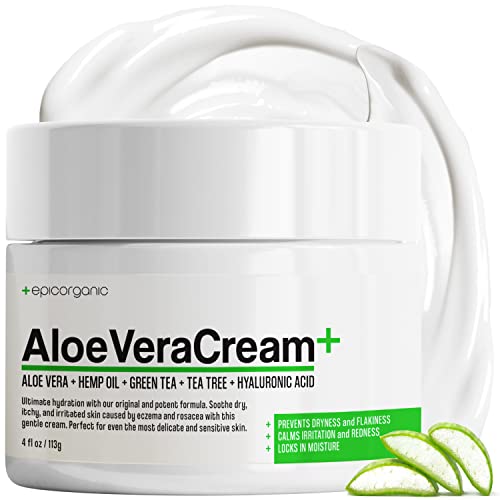 Organic Aloe Vera Face and Body Moisturizer | Natural Hydrating Cream for Dry, Sensitive, Itchy Skin | Soothes Acne, Psoriasis, Rosacea, Eczema | Unscented, Non-Greasy Lotion for Anti-Aging and Nourishment (4 oz)