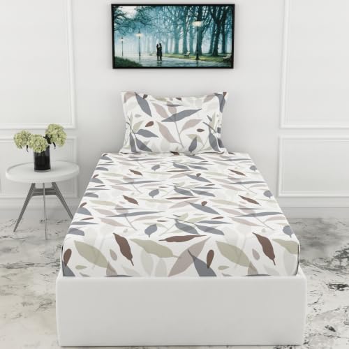 Image of LORETO - A QUALITY LINEN BRAND 210 TC 100% Pure Cotton Single Fitted Bedsheet with 1 Pillow Cover for 78 x 36 Inch Mattress, All-Around Elastic, 8 Inch Deep Pocket, Grey Leaf Whisper