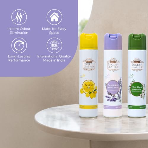 Image of Next Care English Leather Air Freshener Spray 220ml Each | Long Lasting Room Freshener for Home, Office & Car | Odour Eliminator (Lemon, Lavender & White)