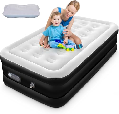 Single Size Air Mattress with Built-in Pump, 3 Mins Quick Self-Inflation/Deflation, Comfortable Blow Up Bed with Inflatable Pillow, Inflatable Bed for Home Portable Camping Travel
