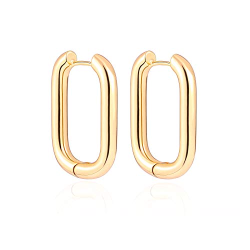 18K Gold Oval Huggie Hoop Earrings for Women Chunky Tube Leverback Earrings Dainty Minimalist Jewelry Handmade for Christmas Gift Fashion Rounded Rectangle Endless Hoop Earrings