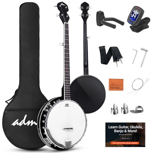 ADM Kit de banjo de 5 cuerdas para principiantes con cabeza Remo, banjos de tamaño completo con parte trasera cerrada en 24 soportes con lecciones gratuitas y accesorios de inicio para adultos y