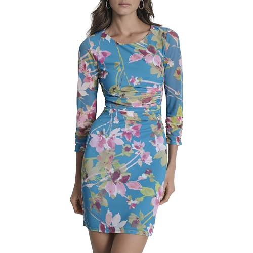 DKNY Women's 3/4 Ruched Sleeve Jewel Neck Ruched Bodice Mini Dress