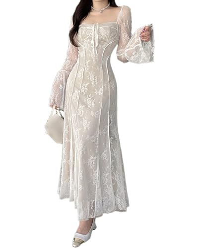 xxxiticat Women's Floral Lace Maxi Dress Long Sleeve Square Neck Flower Print Swing Hem Layered White Fairy Long Dress