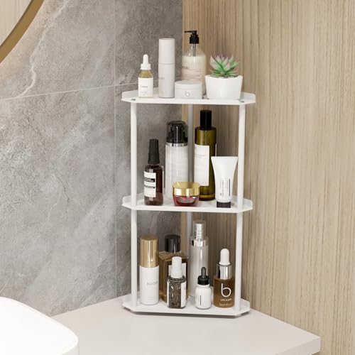 Image of Jesginboo 3 Tier Bathroom Counter Organizer, Vanity Organizer Corner Shelf | Skincare, Makeup Countertop Organizers, Kitchen, Bathroom Counter Storage, White