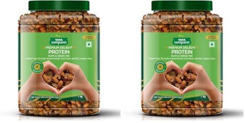 Image of Tata Sampann Premium Delight Protein Nuts & Seeds Mix, 1kg, Protein Trail Mix, Mixed Dry Fruits, Roasted Almonds, Pumpkin and Flax Seeds, Green Raisins, Amla Bits, & Cranberries Slices, Reusable Jar