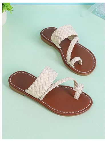 Image of GORGLITTER Girl's Strappy Leather Flats Sandal Cute Braided Dressy Toe Ring Slip on Slide Sandals