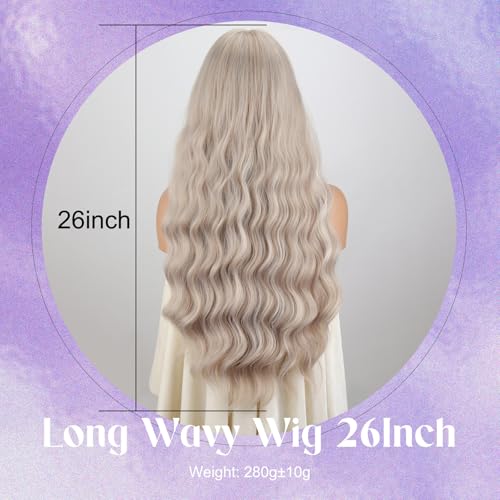 MERISIHAIR Long Ash Blonde Wig with Bangs Grey Blonde Wavy Curly Wigs Natural Looking Synthetic Heat Resistant Fiber Wig for Daily Cosplay Costume Party Chrismas Holiday Use