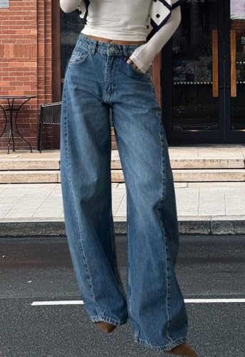 Image of Women's Straight Leg Jeans High Waisted Wide Leg Stretchy Baggy Denim Pants