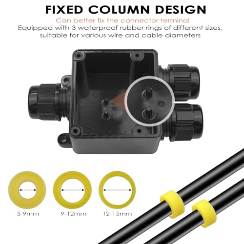 Tekenewbse Abzweigdose Wasserdicht IP68, Kabelverbinder Wasserdicht, Verteilerdose, Klemmdose, 3 Wege Wasserdichte Abzweigdose Elektrische Anschlussdose für Kabel mit Ø 5-15 mm, Schwarz
