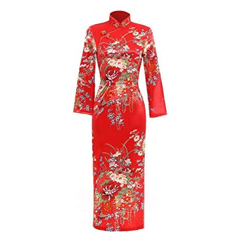 Shanghai Story Floral Dress Long Cheongsam Long Sleeve Cheap Qipao 2XL Red Cover