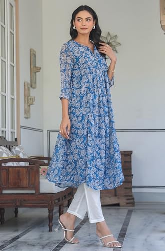 Image of Janasya Women's Chiffon Lurex Floral Printed A-line Kurta
