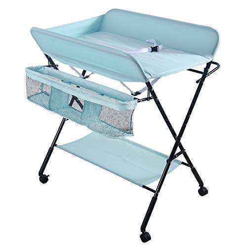 Cambiador Plegable para Niños, Cambiador bebe Plegable con cinturón de seguridad y 4 ruedas con freno - 74 x 63 x 92-98 cm (azul)