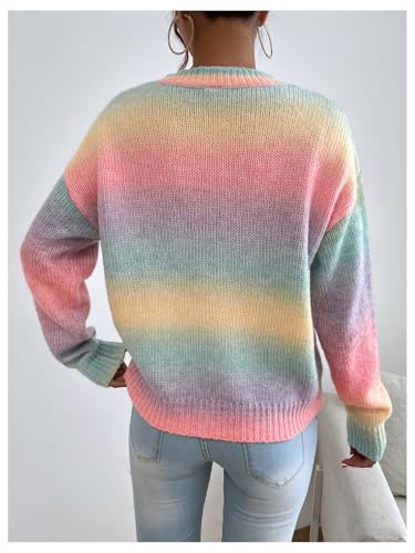 Image of GORGLITTER Women's Rainbow Colorful Sweater Crewneck Long Sleeve Lightweight Pullover Sweater Top Pink Rainbow Medium