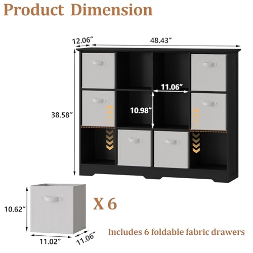 Image of 12 Cube Storage Organizer Shelf, Wood Cubby Storage with 6 Fabric Drawers, 3 Tier Wooden Bookshelf with 2 Adjustable Shelves & Fluted Side Panels for Bedroom, Living Room, Home Office, Black