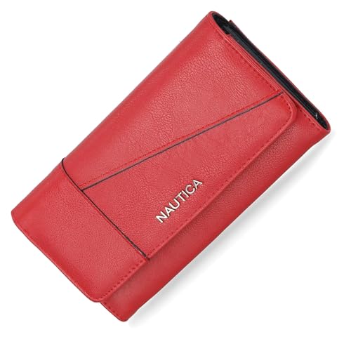 Nautica Money Manager Carteira feminina fina e pequena RFID – Porta-cartão de crédito com porta-moedas e carteira com zíper, organizador de embreagem feminino, Vermelho Fuego (amarelo), One Size