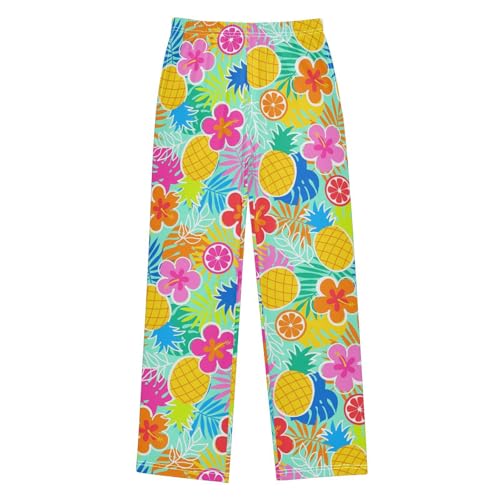 Pineapple Orange Floral Boys Long Pants Soft Trousers Elastic Waist Kids Lounge Bottoms with Pockets S-XL