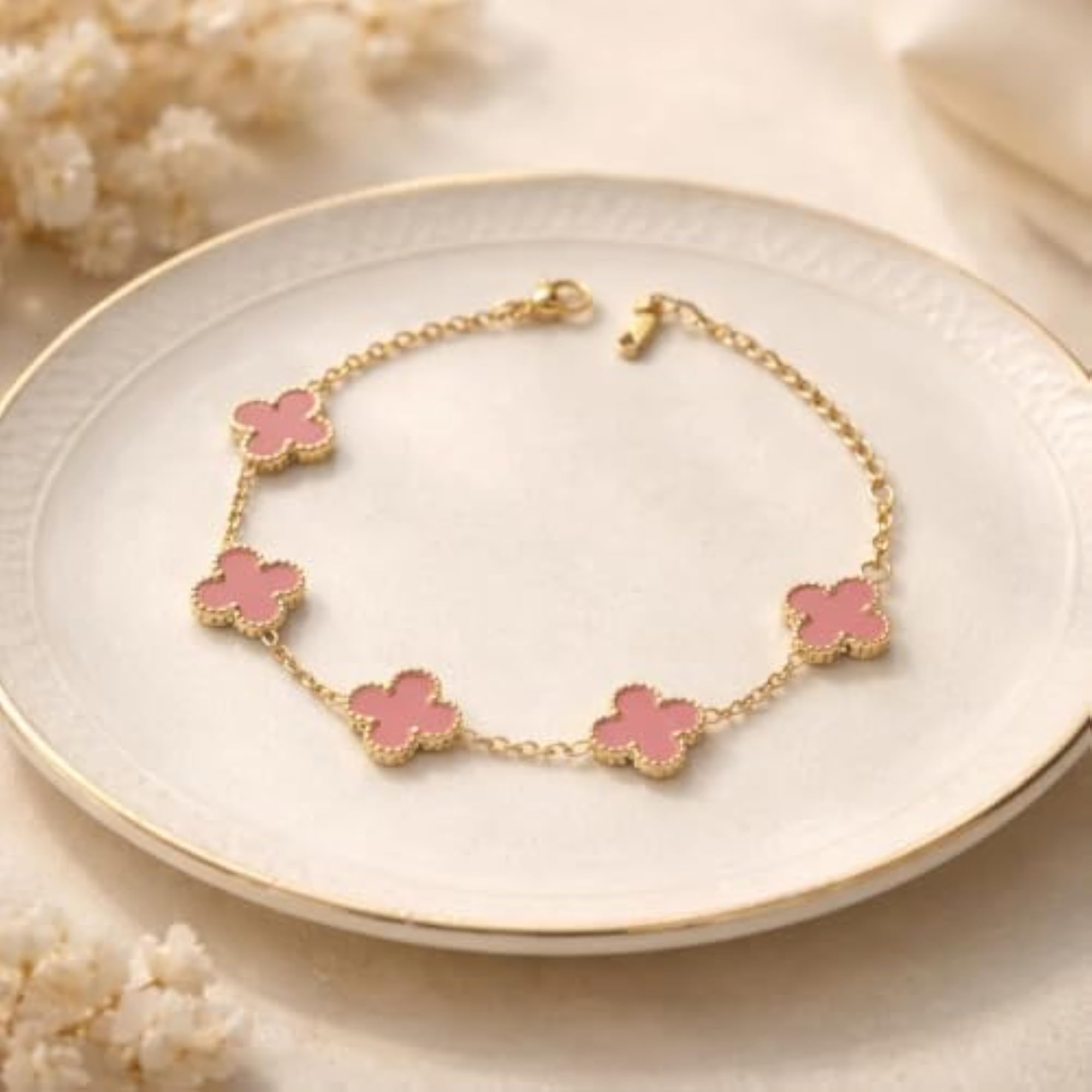 Blush Clover Pink Bracelet, Anti Tarnish Gold Tone