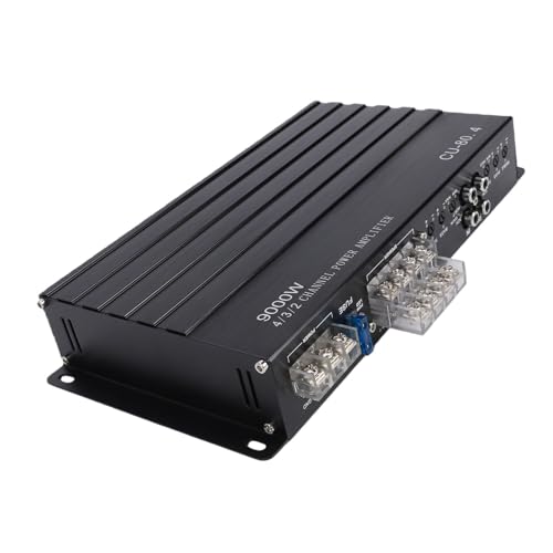 Akozon 4-kanałowy Wzmacniacz Samochodowy Stereo, Aluminiowy Wzmacniacz o Dużej Mocy i Czystym Basie do Samochodów Ciężarowych, łodzi, UTV, Motocykli, Samochodów Ciężarowych i