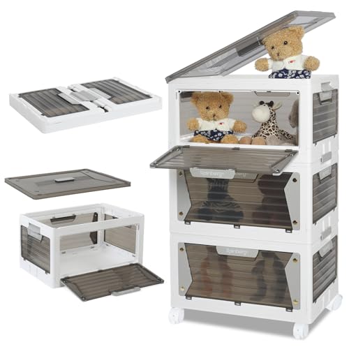 Rainberg Large Storage Boxes with Lids, Strong & Sturdy Plastic Storage Boxes, Stackable Nestable Container for Home & Office use. (White & Grey, 3 Tier 150L Storage)