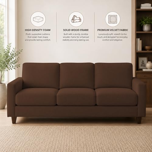 Image of Casaliving Gladino Modern Velvet Fabric Sofa, Tufted Design Upholstered 3 Seater Sofa Set for Living Room, Premium Velvet Fabric Sofa (Brown)