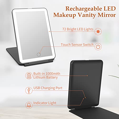 Rechargeable Travel Makeup Vanity Mirror With 72 Led Lights, Portable Lighted Makeup Mirror With 3 Color Lighting, Touch Sensor Dimming, Foldable Tabletop Light Up Cosmetic Beauty Mirror (Black) #TOP1