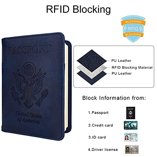 Image of WALNEW Passport Holder for Travel, RFID Passport Cover Wallet for Women Men, PU Leather Passport Book Card Holder Case with Pen (Elastic Band Closure, A-Navy Blue)