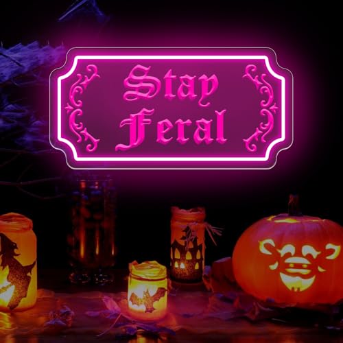 Image of Stay Feral Neon Sign Gothic Decor LED Light Goth Lover Gift | USB Powered Dimmable Halloween Decoration Bat Neon Sign Decor Ghost Spooky Wall Art 15.7 inchx7.9 inch Pink
