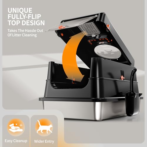Image of Stainless Steel Cat Litter Box with Lid, Enclosed Extra Large Metal Litter Pan for Big Cats, Full Flip Cover High Sided LitterBox Include Scoop, Easy Cleaning, Non-Stick, Black