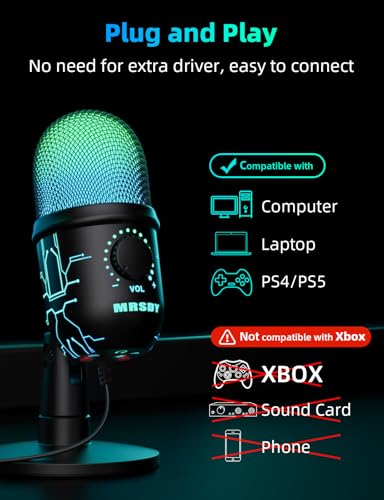 Image of MRSDY USB Gaming Microphone for PC with Noise Reduction, Mute, Gain, RGB | Condenser Mic, Headphone Jack, Suitable for PC, Computer, PS4, PS5, Mac, Streaming, Podcasting, Recording, YouTube, Discord