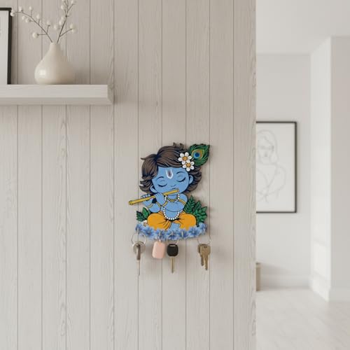 Image of JIVAY Baby Krishna Decorative Wall Mounted Key Holder for Home | Wooden Key Hanger with 7 Hooks | Designer Key Stand for Living Room, Entrance & Office | Home Decor Gift Item (Blue Krishna Key Holder)