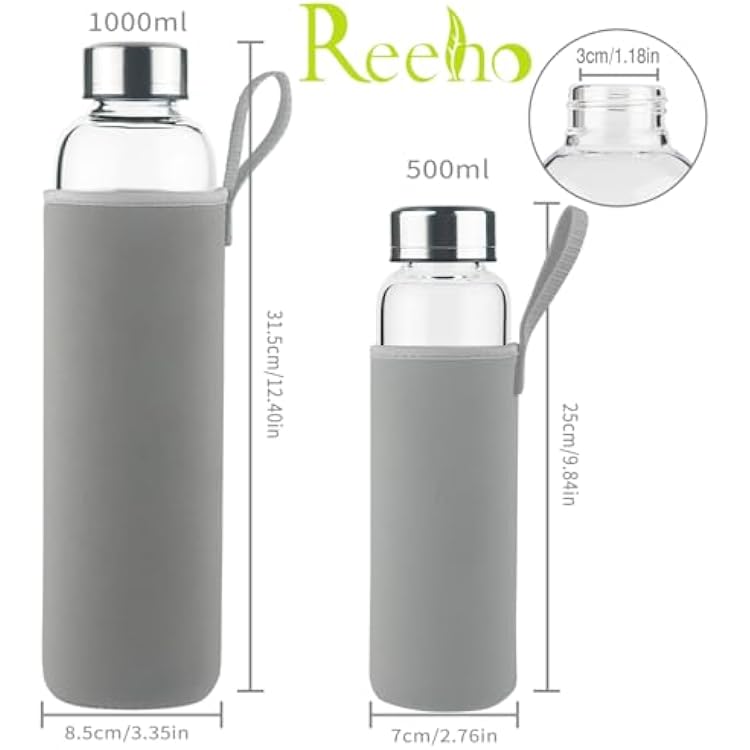 Borosilicate Glass Water Bottle, Sports Glass Drinking Bottle with Neoprene Sleeve and Stainless Steel Lid 16oz / 32oz (16oz, Blooming Branches)