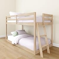 Grain & Grove Bear Twin Over Twin Bunk Bed, Low Bunk Bed Frame for Kids, Bunk with Ladder, Guardrail and Slats, No Box Spring Required, Oak Embossed Natural