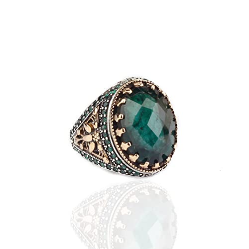 Emerald Stone Men Silver Ring, 925 Sterling Silver Emerald Gemstone Ring, Handmade Engraved Turkish Silver Ring with Natural Emerald Stone
