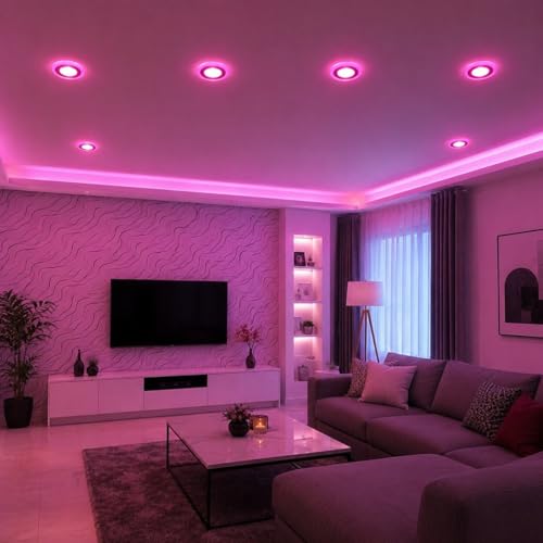 Image of OLIPS 6W (3+3) LED Ceiling Panel Down Light | Dual Color Change by On /Off Switch | Fan Box POP Decorative LED | White Center & Color Ring Design (Pink, 2)