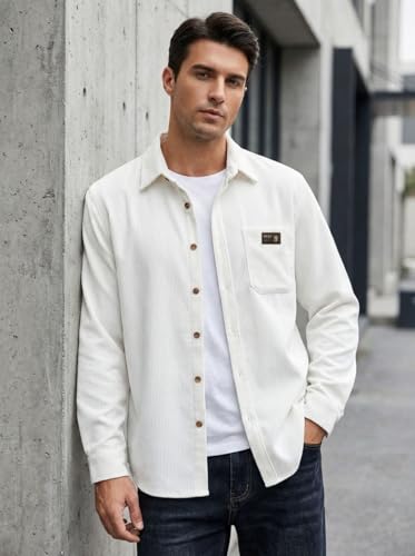 Image of IndoPrimo Men's Corduroy Shirt | Premium Ribbed Full Sleeve Casual Overshirt | Button-Down Solid Shirt with Chest Pocket | Regular Fit