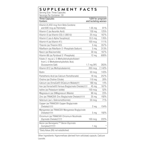 THORNE - Basic Prenatal - Well-Researched Folate Multi for Pregnant and Nursing Women Includes 18 Vitamins and Minerals, Plus Choline - Gluten, Dairy & Soy-Free - 90 Capsules - 30 Servings