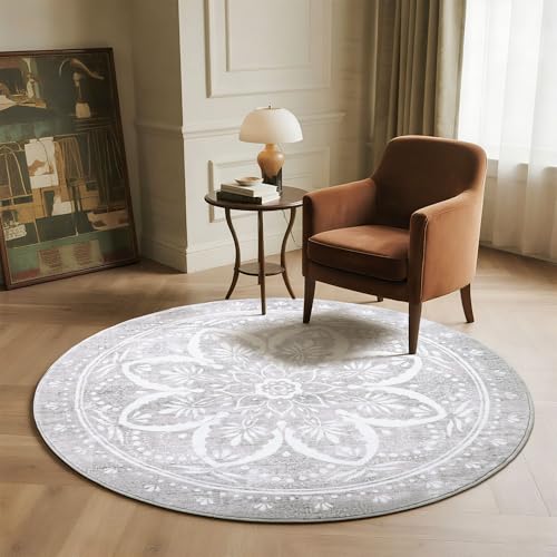 Image of Carvapet Vintage Round Rugs 48 inch - Washable Non Slip Rubber Backing Foldable Low Pile for Living Room Bedroom, 4ft Grey Circle Rug
